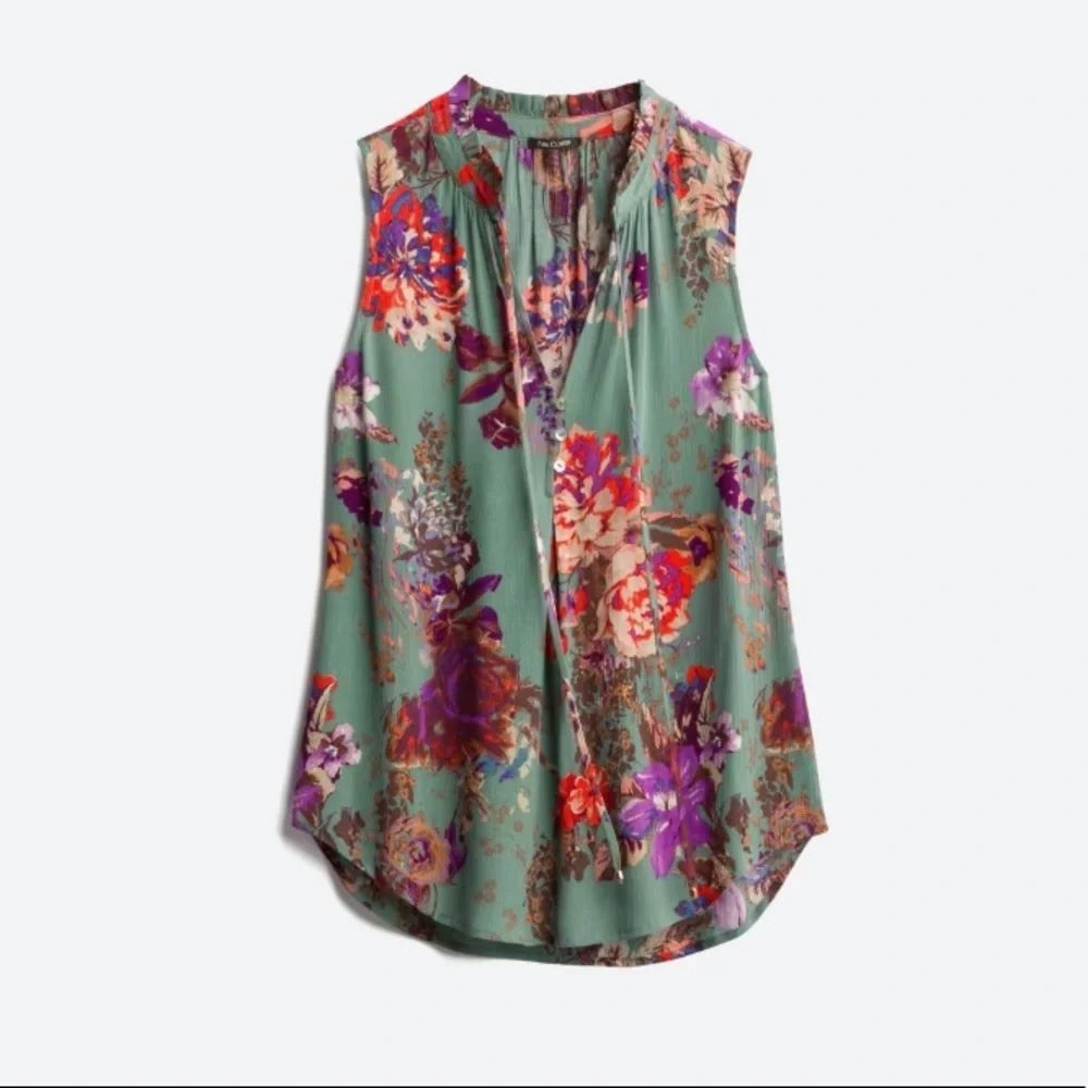 Pink Clover Blouse Womens Medium Teal Floral Sleeveless Ruffle Neck Boho Top
